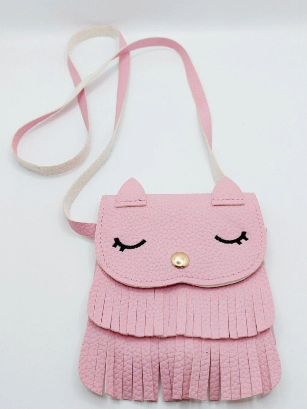 Girls Pink Cat Face Fringe Mini Crossbody Purse Gold Snap Kids Bag
